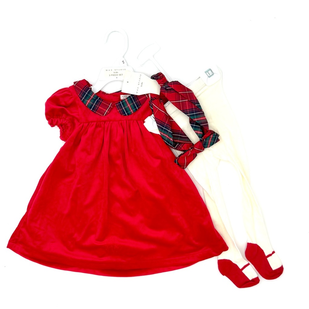 Max Studio Kids 3-Pc Red Velvety Holiday Dress/Tights/Headband Outfit NWT - Picture 2 of 9